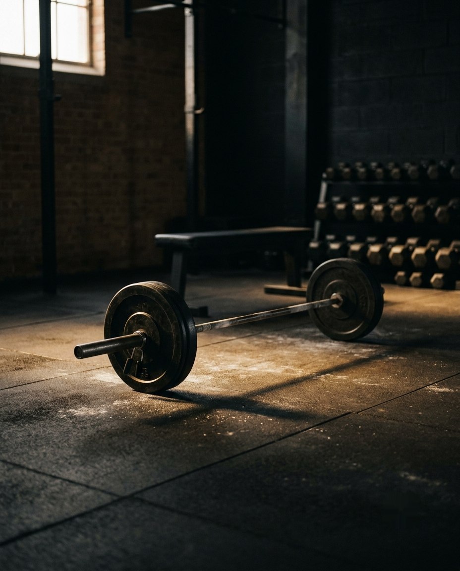 An empty gym early in the morning. A loaded barbell rests on a chalk-dusted floor in a hard diagonal of low sunlight, with a plain bench and a rack of dumbbells fading into shadow behind it.