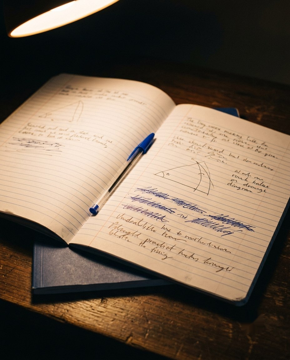 An ordinary lined notebook open under a desk lamp late at night, covered in handwritten working and crossings-out, with a blue biro resting in the fold and a plain closed notebook underneath.