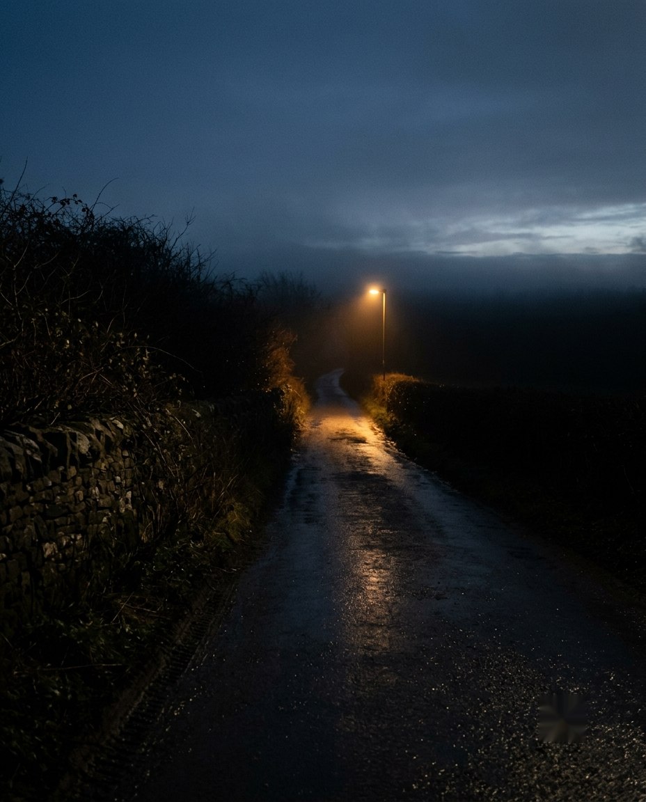 An empty country lane before dawn, wet with rain and bordered by hedgerows, with a single amber streetlight ahead and the path disappearing into darkness beyond it.