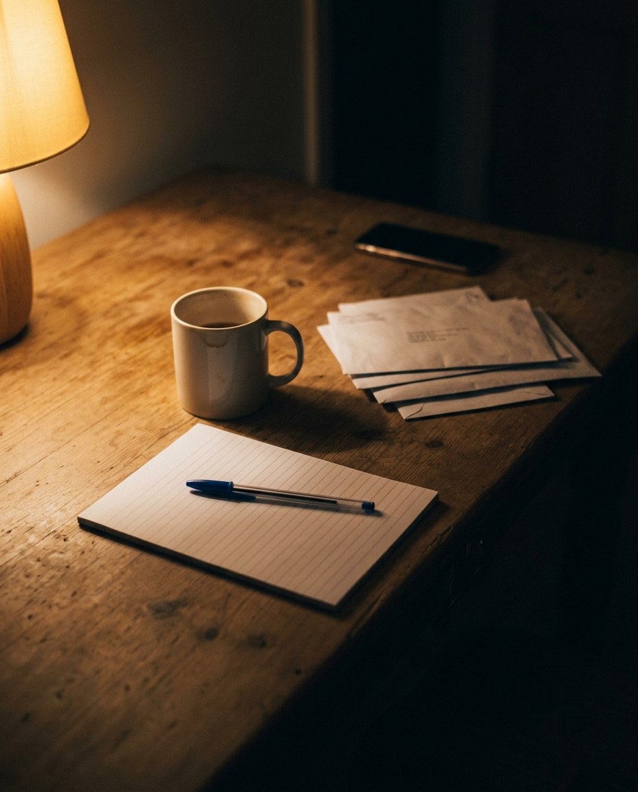 A kitchen table at night lit by a single lamp: a blank lined notepad with a biro resting on it, a mug of tea, a phone face down, and a small stack of unopened envelopes.